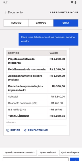 Conversa com a IA sobre um documento, com a resposta em tabela